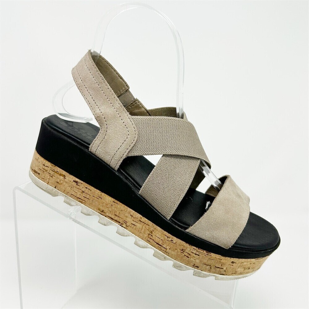 SOREL Womens Platform Wedge Sandals Beige Taupe Crisscross Slip-On Size 6.5